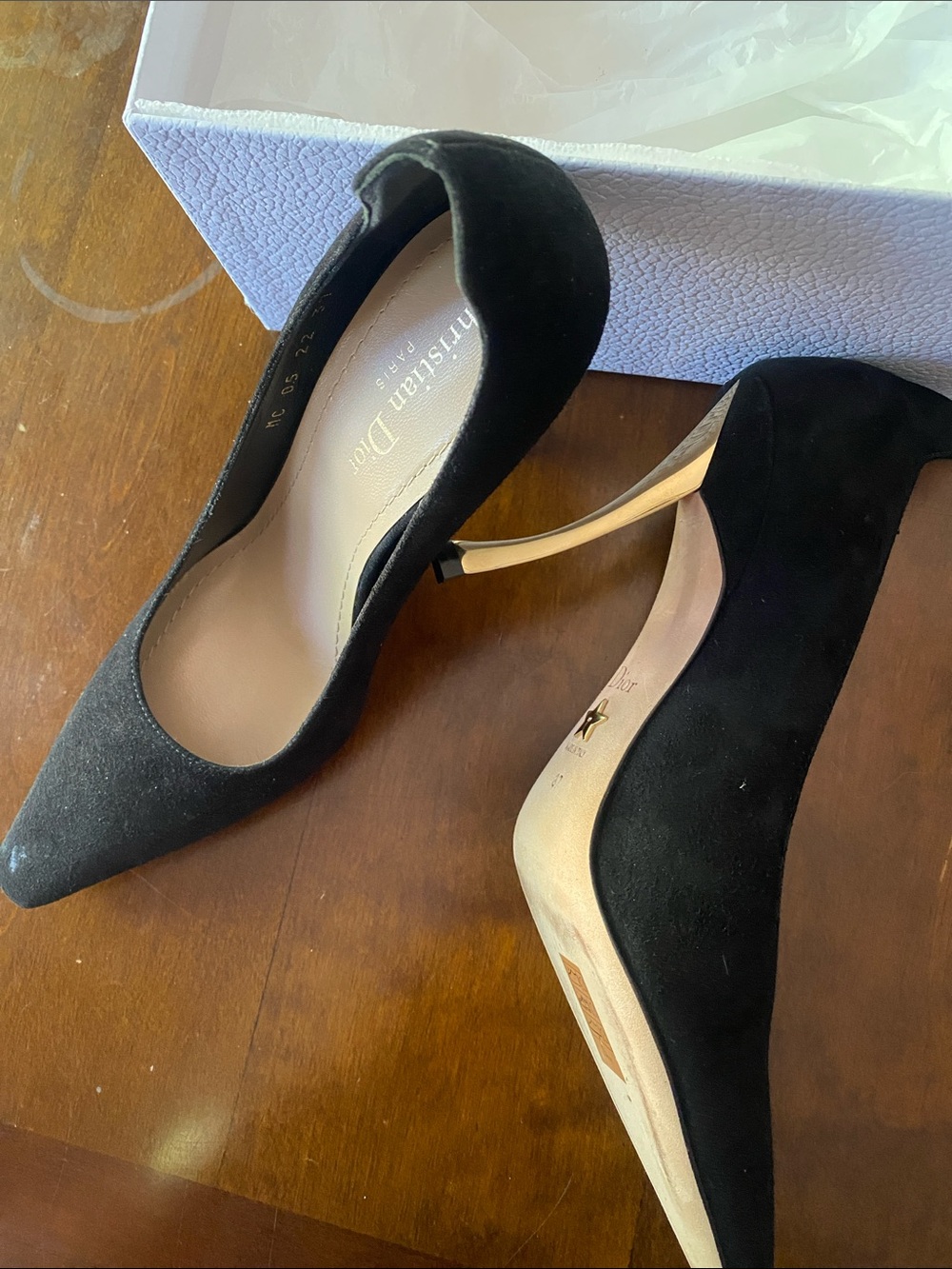 Dior Black Suede Pointed-Toe Stiletto Heels with Gold Heel - Picture 9 of 15